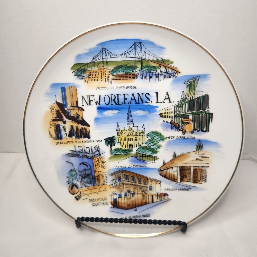 Decorative New Orleans LA Ceramic Plate With Iconic Landmarks & Gold Trim